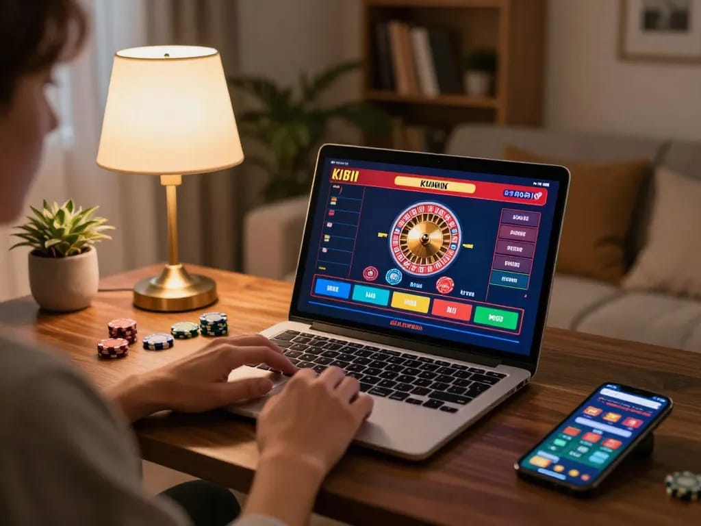 Kuwin gaming scene with live dealer roulette at home, showing warm ambiance and strategic play.