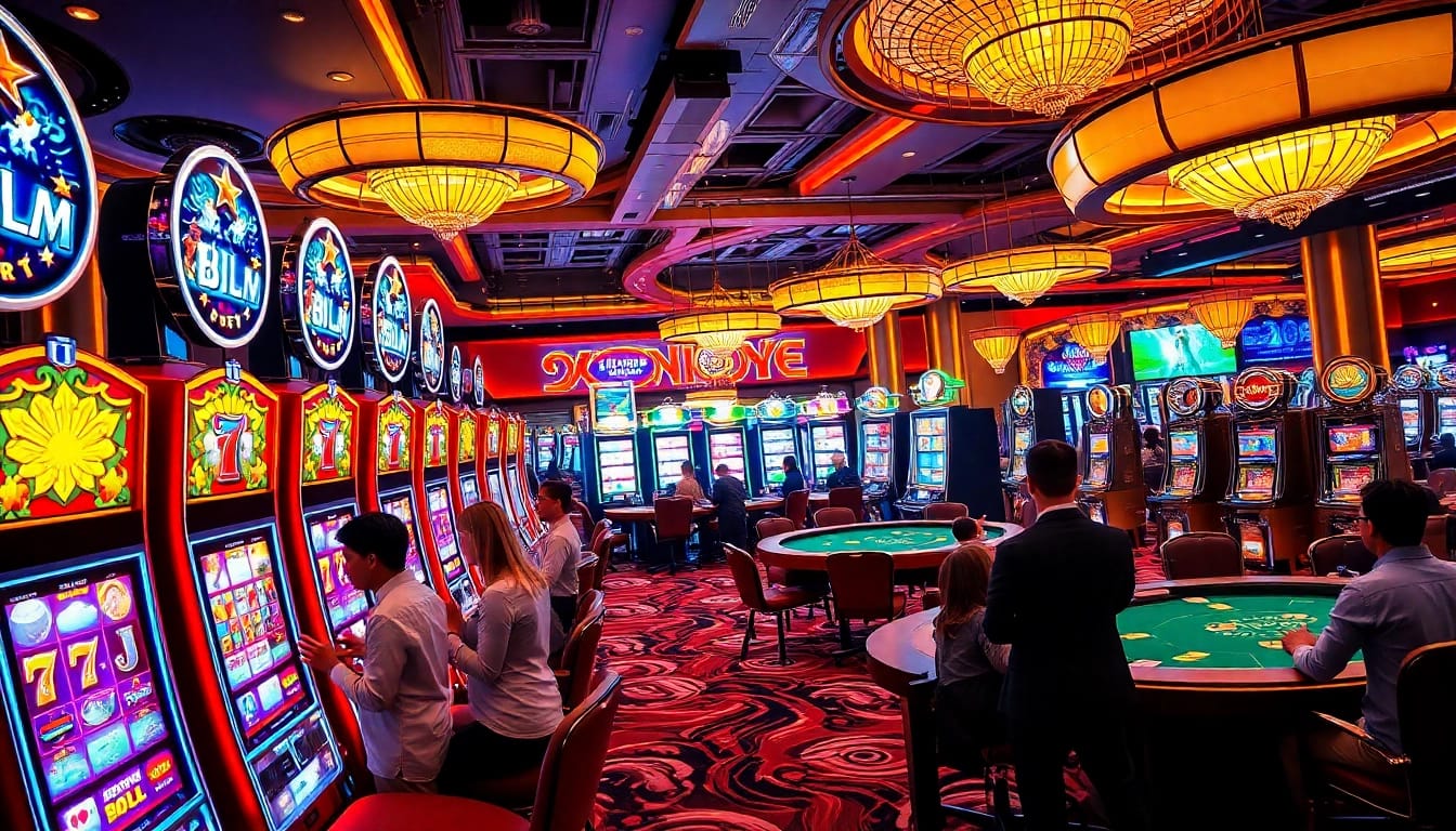 Engaging players on IDN slot machines amidst a luxurious casino ambiance with vibrant colors and investment opportunities.