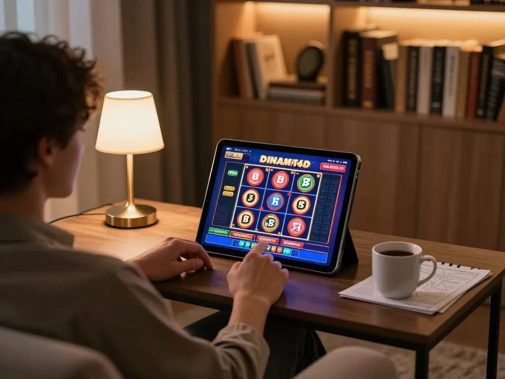 Engaging in dinamit4d online slots in a cozy home gaming setup with warm lighting.