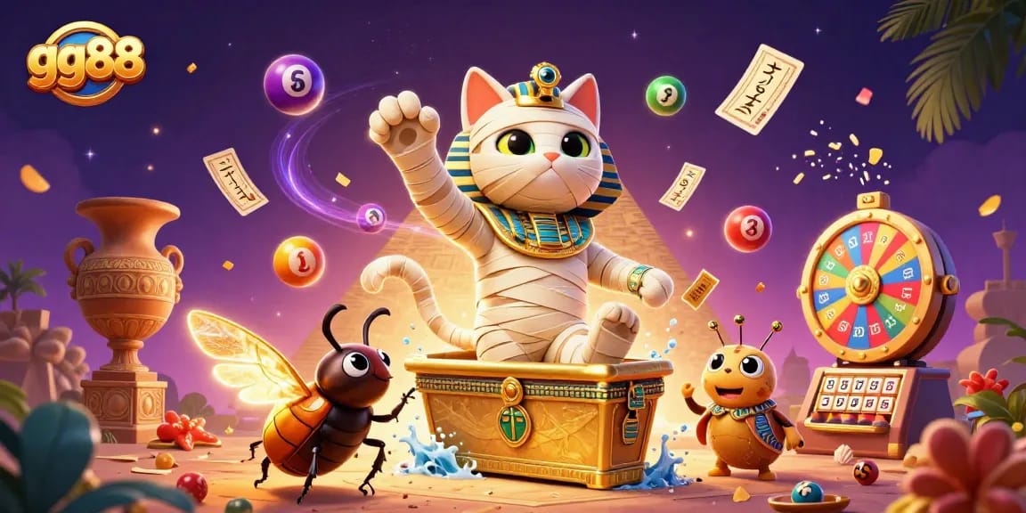 Engage with gg88's vibrant gaming scene featuring dynamic lottery elements and a magical pyramid casino.