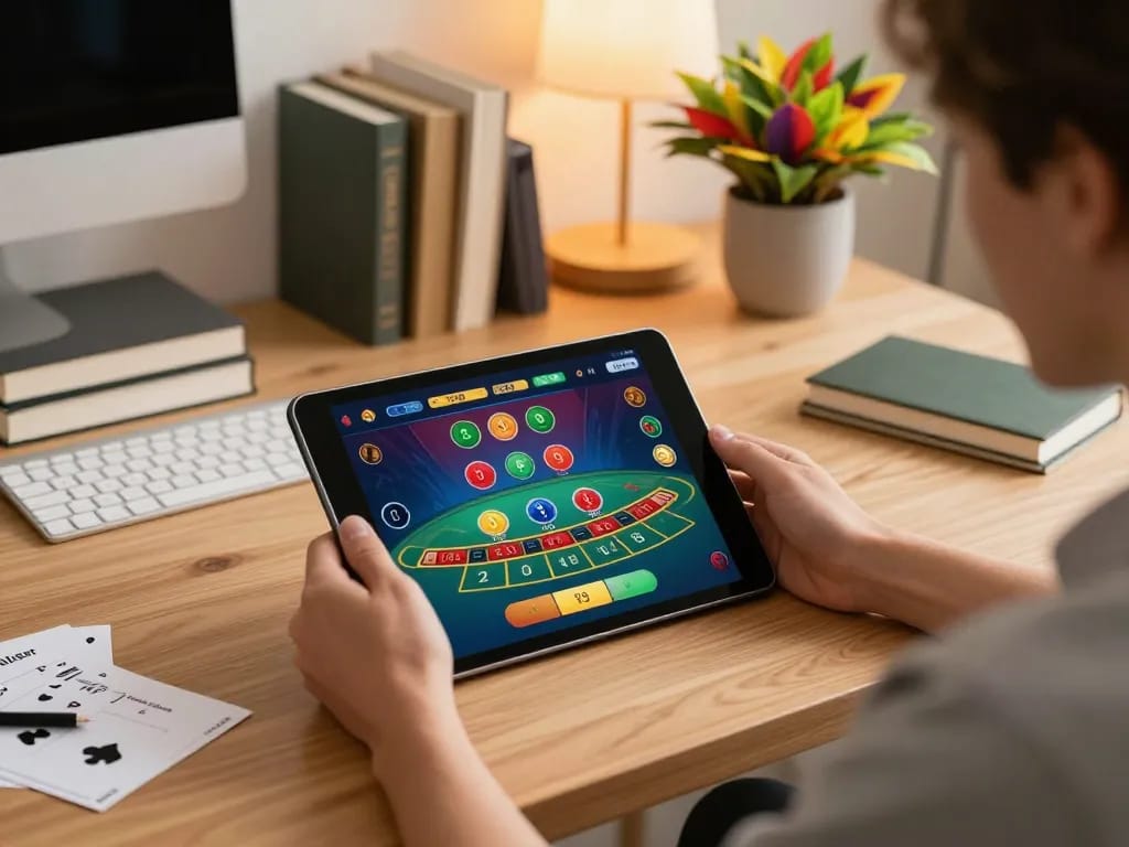 Player using dash88 mobile app to place blackjack bets in a cozy home office.