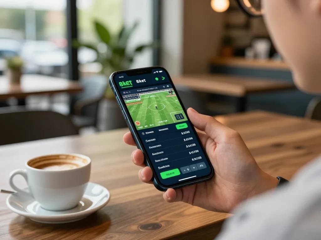 Engaged individual placing bets on the 8xbet app in a stylish cafe, emphasizing mobile gaming excitement.
