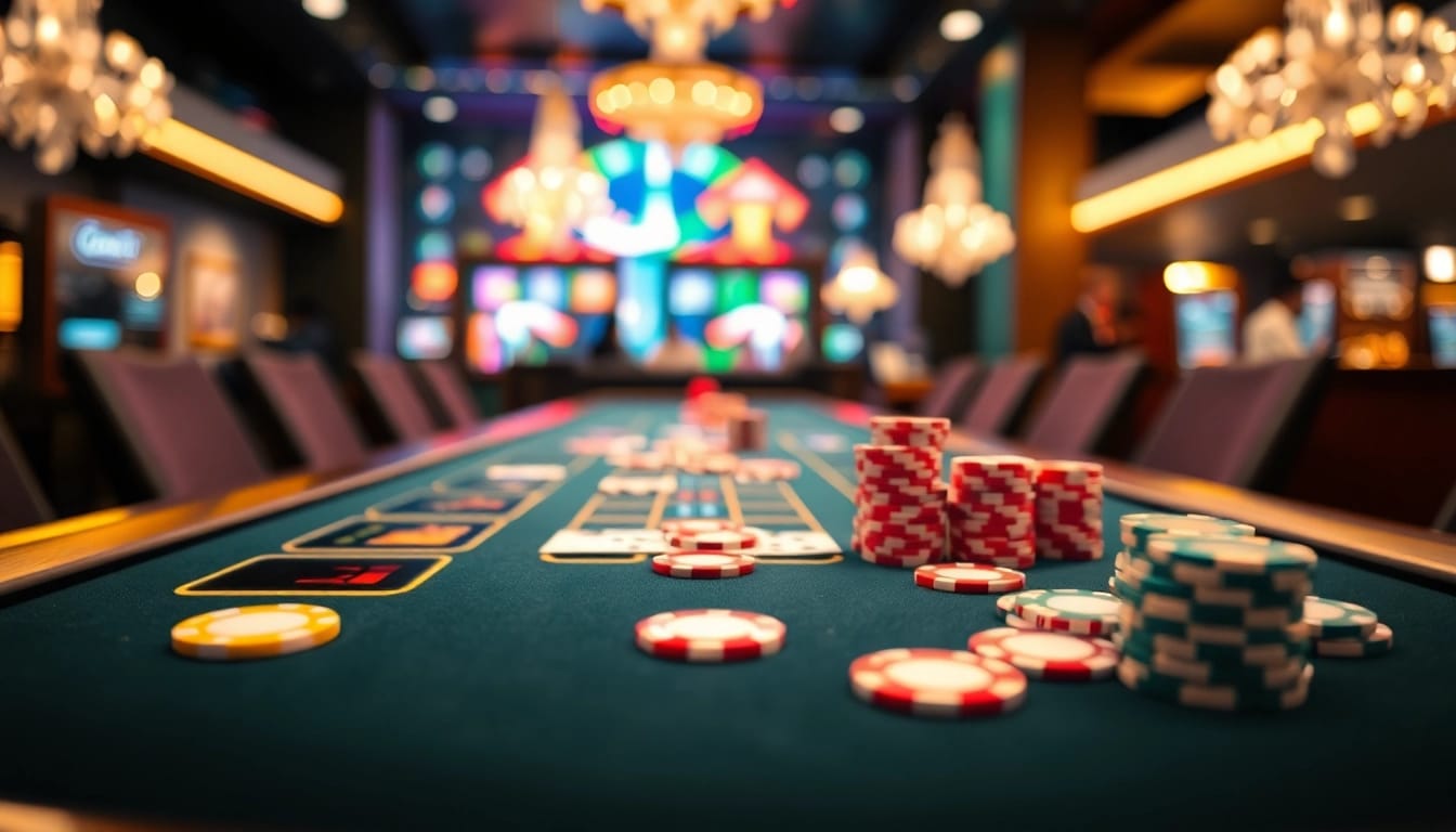 Erlebe die Spannung von casino spielen online an einem eleganten Spieltisch mit bunten Chips und Karten.