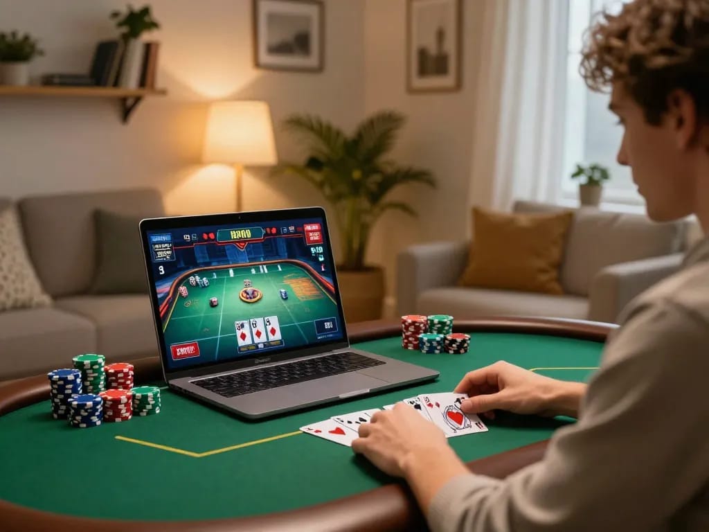 Engaging in an online poker game on the laptop while learning winning strategies for rikvip.