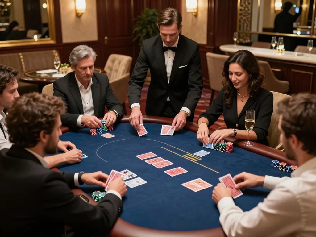 Players enjoying an intense poker game at a VIP room in vipwin, showcasing strategic play and high stakes.