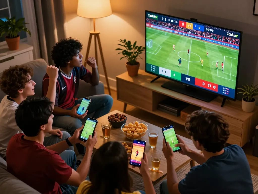 Cakhiatv streaming live soccer match, fans engaged and cheering in cozy home setting.
