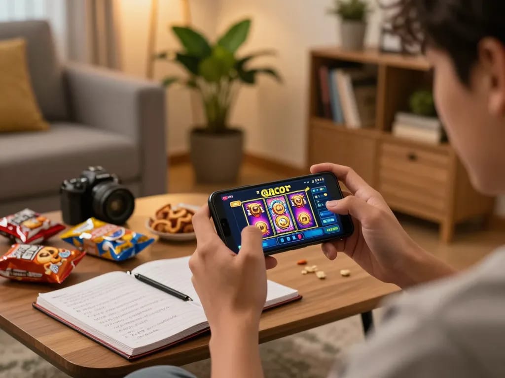 Witness the excitement of slot gacor as a player spins on a smartphone in a cozy home setting.