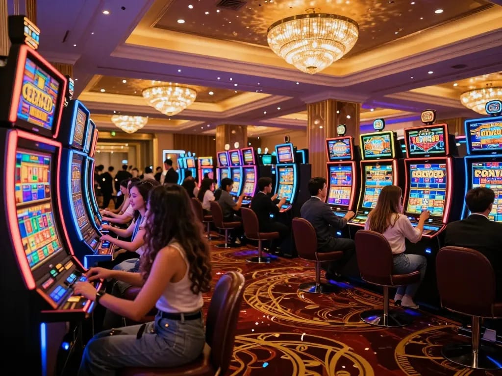Pemain merayakan kemenangan di mesin slot tokyo88 dalam suasana kasino yang meriah