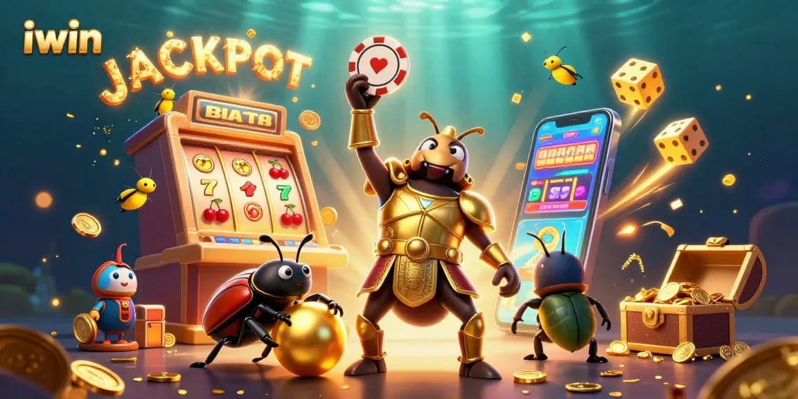 Experience iwin with this lively casino scene showcasing a hercules beetle in battle armor and vibrant slot machine elements.