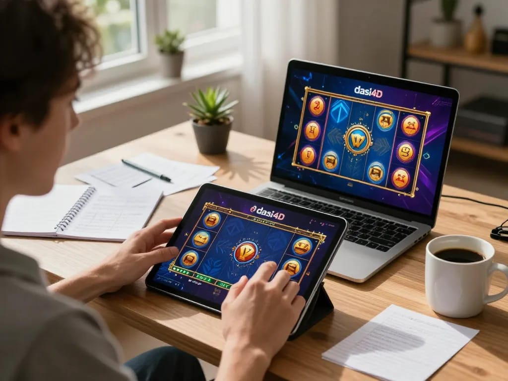 Menikmati sesi permainan yang mendebarkan di dasi4d dengan grafik permainan slot ditampilkan di tablet.