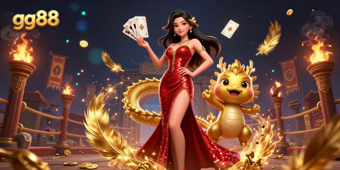 Bet on gg88 with vibrant 3D illustration featuring an Asian woman in a stunning gown and dynamic casino elements.