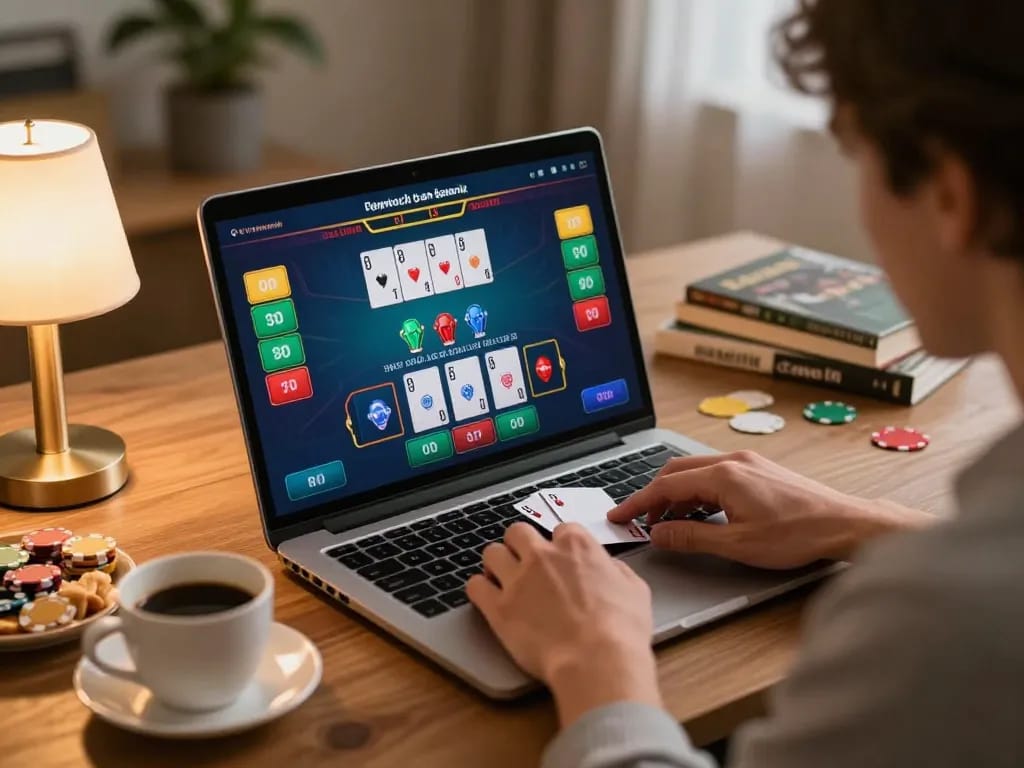 Player enjoying nk88 blackjack game on laptop, showcasing engaging online gambling experience in cozy home.