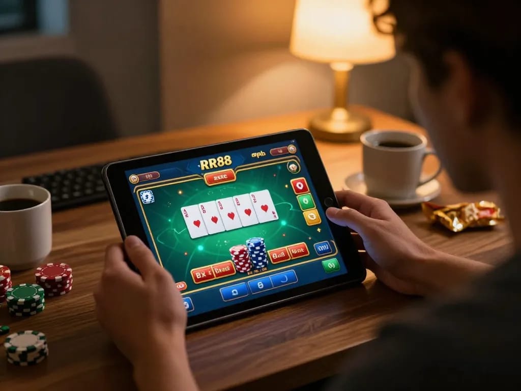 Engaging user plays RR88 apk on tablet, showcasing vibrant casino game interface while enjoying a cozy atmosphere.