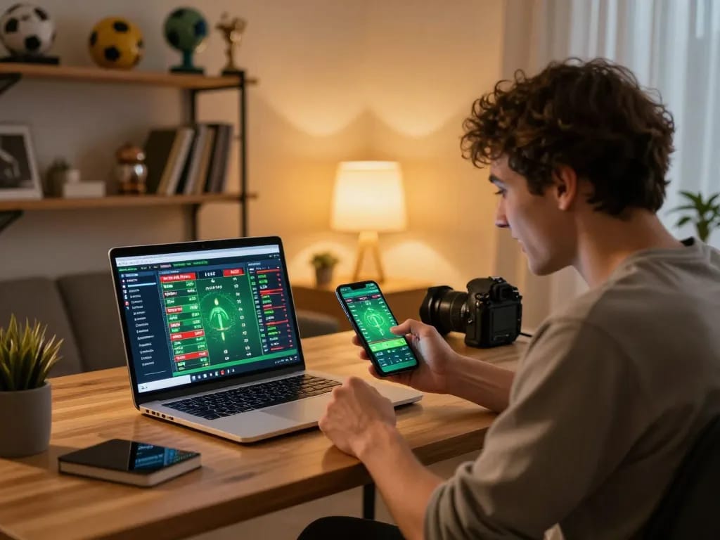 Soi Kèo sports betting app on smartphone showing live odds and matches, excited user in stylish home office
