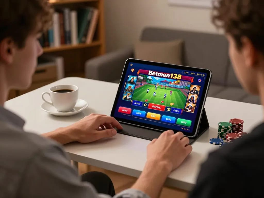 Engaged player using betmen138 app on a tablet for thrilling online gameplay.