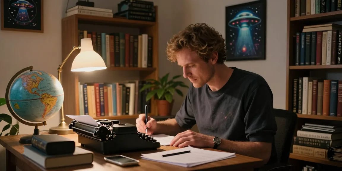 T Allen Greenfield's creative workspace at https://tallengreenfield.com, showcasing his unique writing process on UFOs and spirituality.