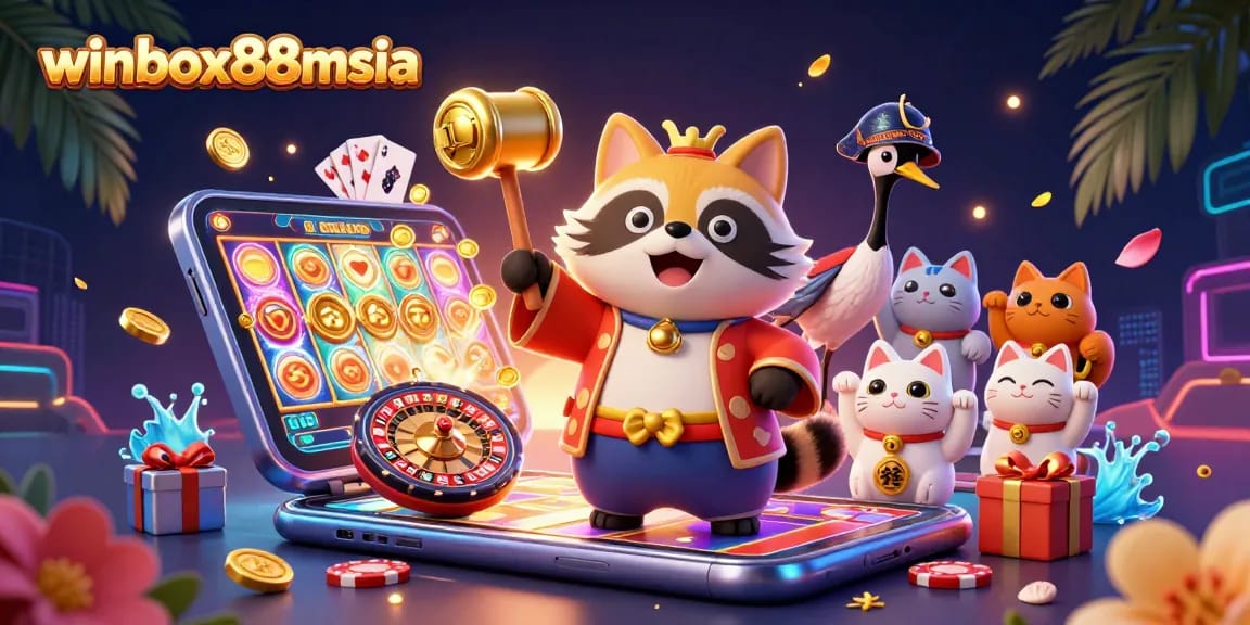 Winbox88msia live casino excitement, with playful characters amidst colorful slot games and riches.