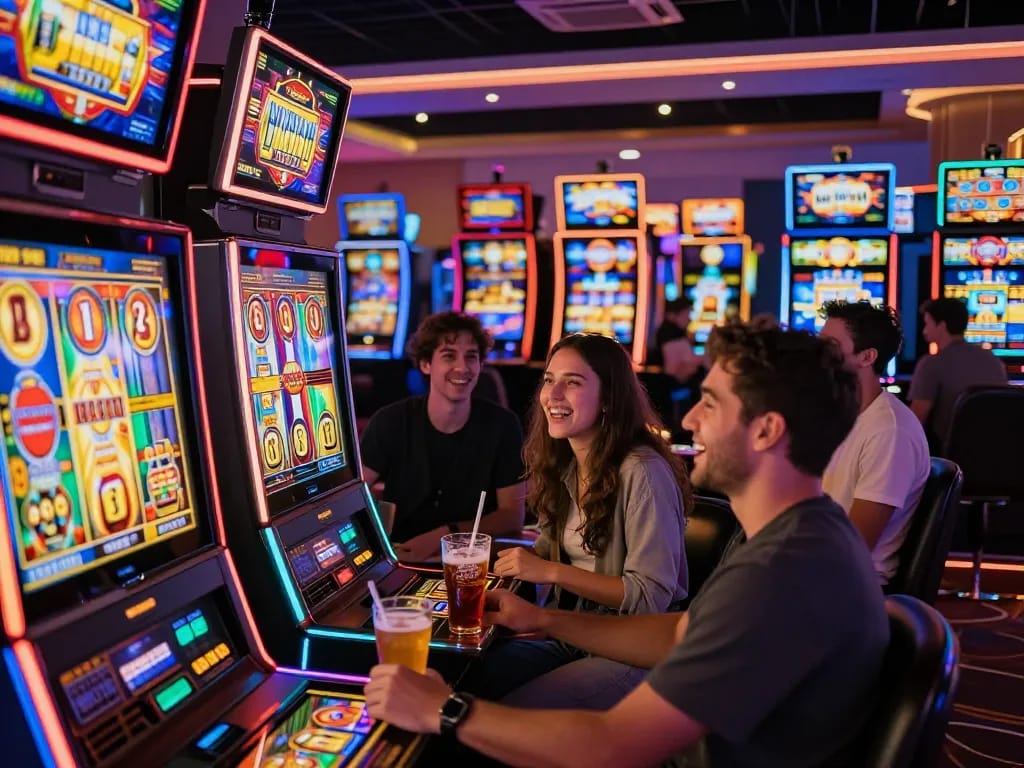 Friends enjoying link gacor slot games in a lively casino with vibrant lights and excitement.