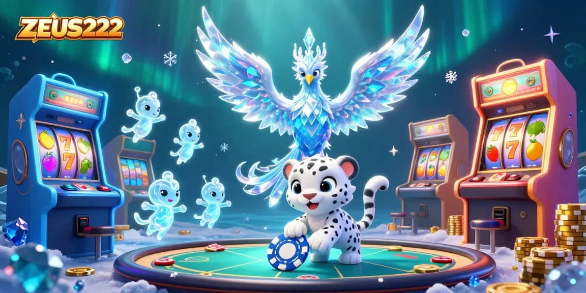 Engage with ZEUS222, featuring an ice phoenix amidst casino game elements, jackpot symbols, and glowing poker chips.