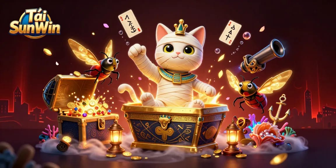 Tải SunWin features a dynamic scene with a cartoon Egyptian mummy cat, golden treasures, and casino elements.