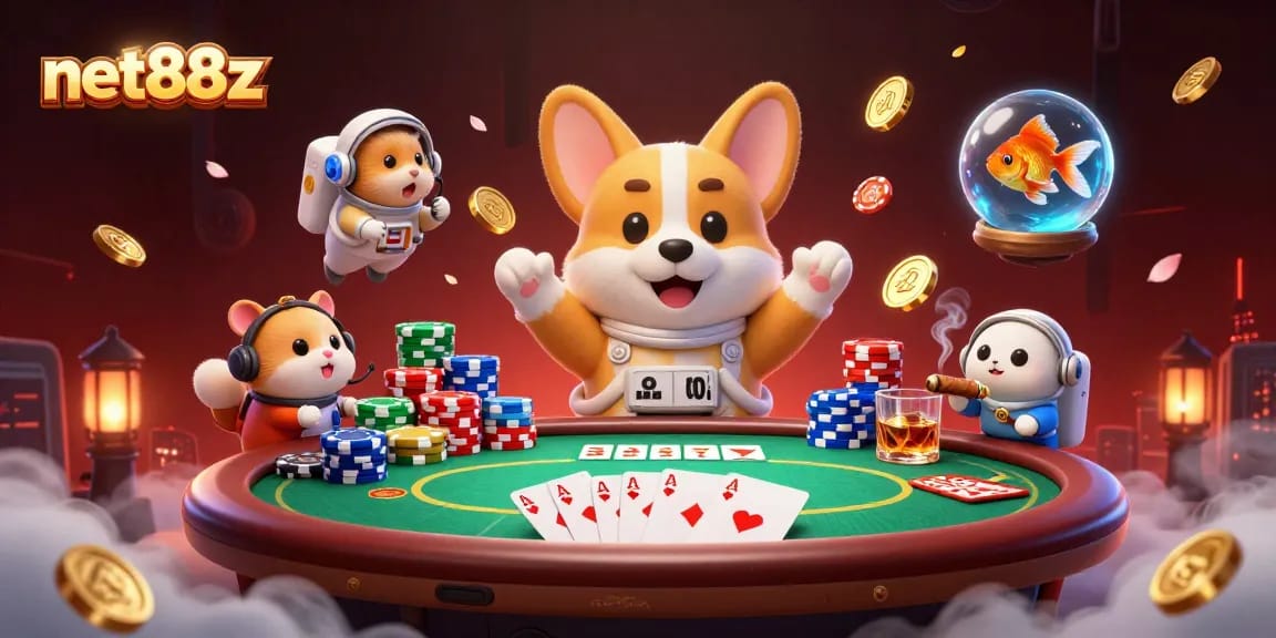 Engage with net88z gaming in a vibrant 3D casino scene featuring a whimsical astronaut corgi.