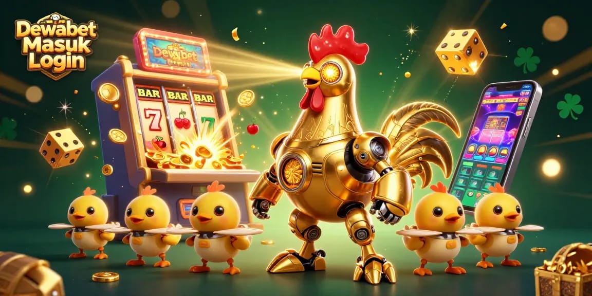 Dewabet Masuk Login showcases a vibrant 3D casino scene with a golden rooster robot and baby chick drones amidst spinning slot machine symbols and dazzling coins.