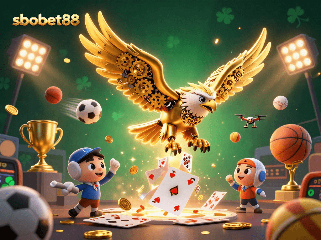 Experience sbobet88's vibrant sports betting world with golden eagle diving through dynamic cards and sports balls.