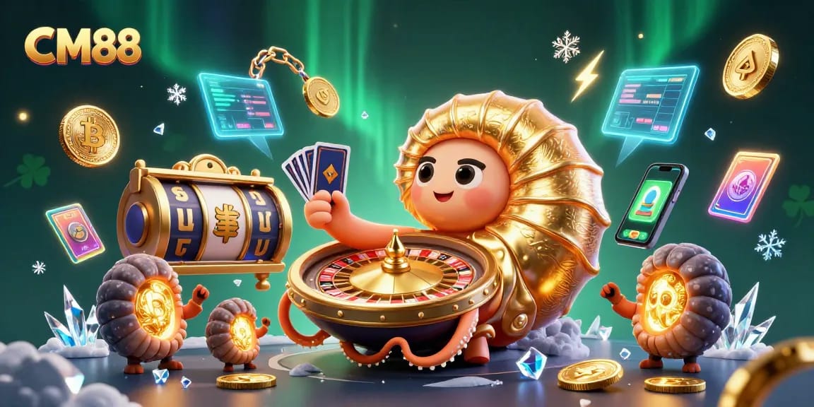 Experience the excitement of CM88 gambling with a dynamic 3D scene featuring a giant nautilus roulette wheel, coins, and glowing elements.