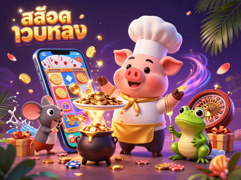 Engage withสล็อตเว็บตรง slots as a chef pig serves gold coins in a vibrant 3D casino scene.