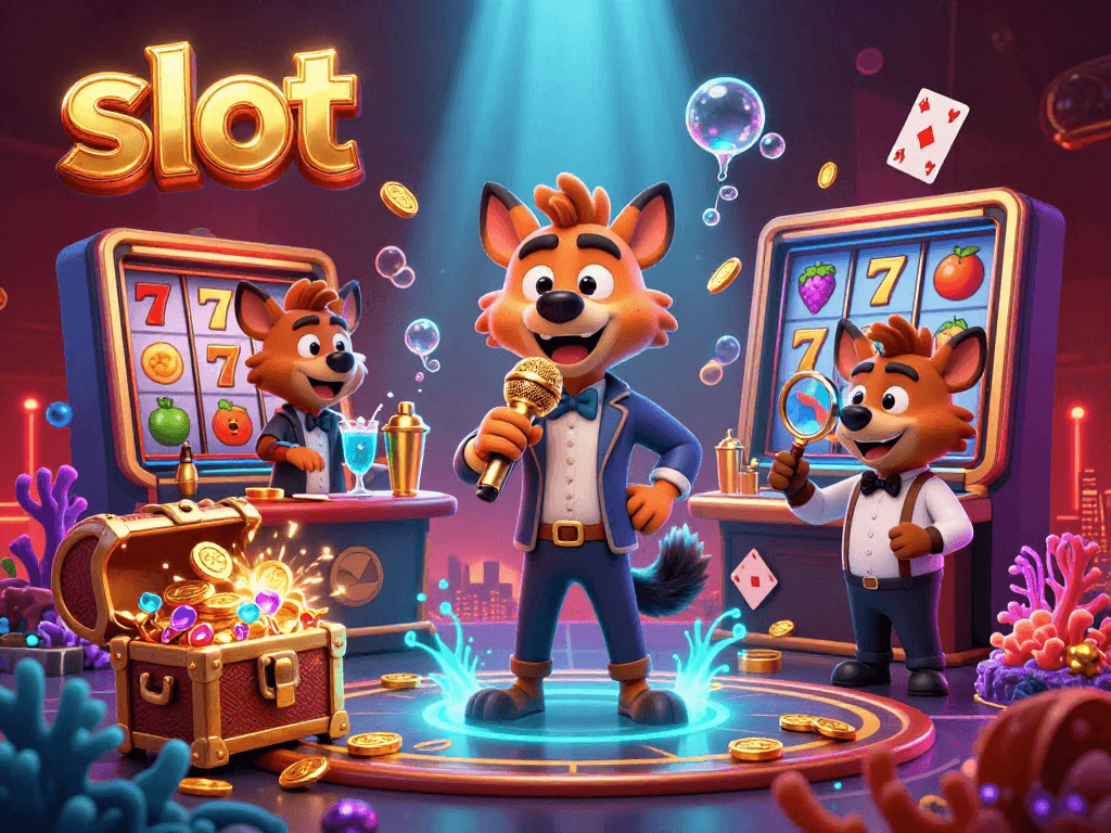 Engaging slot scene with cartoon hyenas, gold coins, and vibrant casino elements.