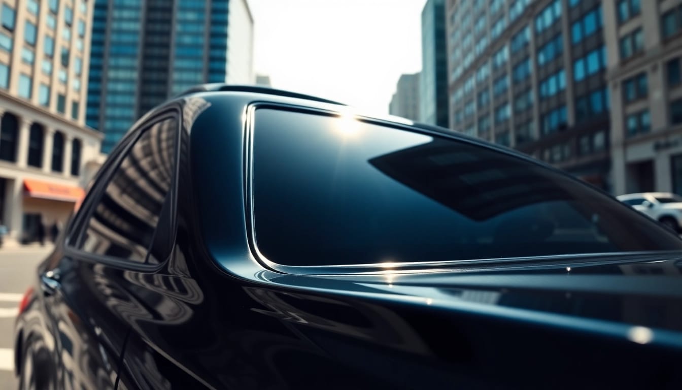 Tinted car windows reflecting sunlight in a bustling city - window tint near me feature.