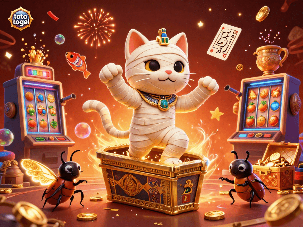 Experience the thrill of toto togel with a vibrant scene showing a mummy cat and treasures in a casino.