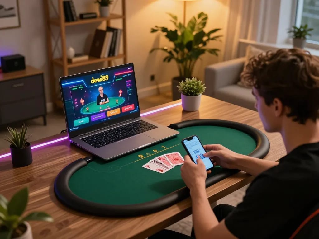 Pemain berinteraksi dengan antarmuka kasino online dewi89 di laptop, menampilkan momen permainan yang strategis.