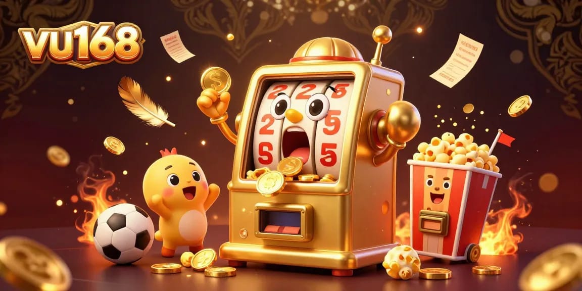 Spin the reels with vu168 as the golden slot machine hits a jackpot, showering coins!