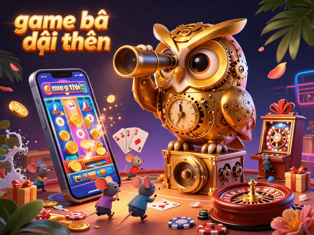 Engage with game bài đổi thưởng in a vibrant casino scene featuring whimsical characters and dynamic gaming elements.