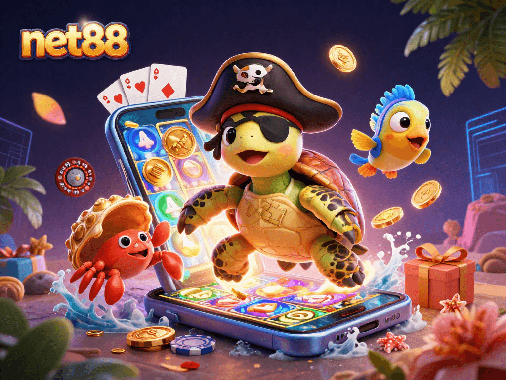 Engage with net88's vibrant slot adventure featuring a pirate turtle and treasure in 3D.