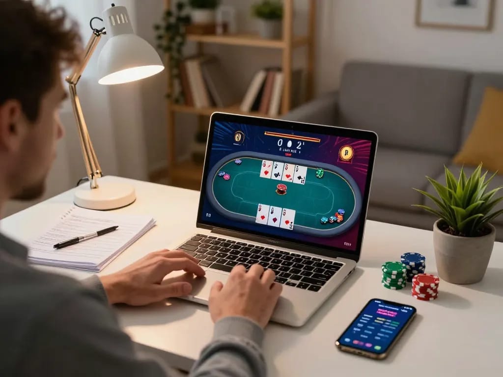 Engaging in a thrilling online poker game at home with 789F, showcasing strategies and focused gameplay.