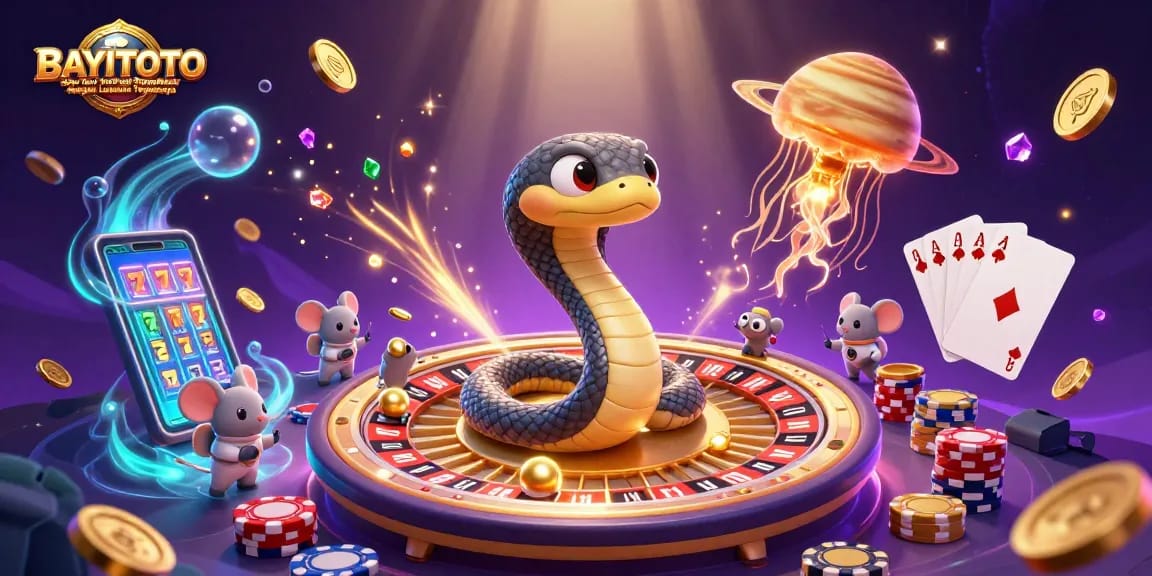BAYITOTO Situs Toto Togel Terpopuler dengan Layanan Terpercaya depicts a vibrant cosmic casino scene with dynamic elements and engaging characters.