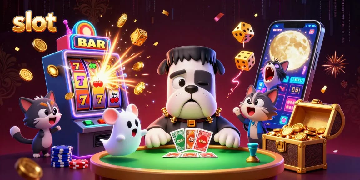 Menang jackpot slot di kasino dengan monster bulldog dan kucing serigala dalam ilustrasi 3D yang kaya warna.