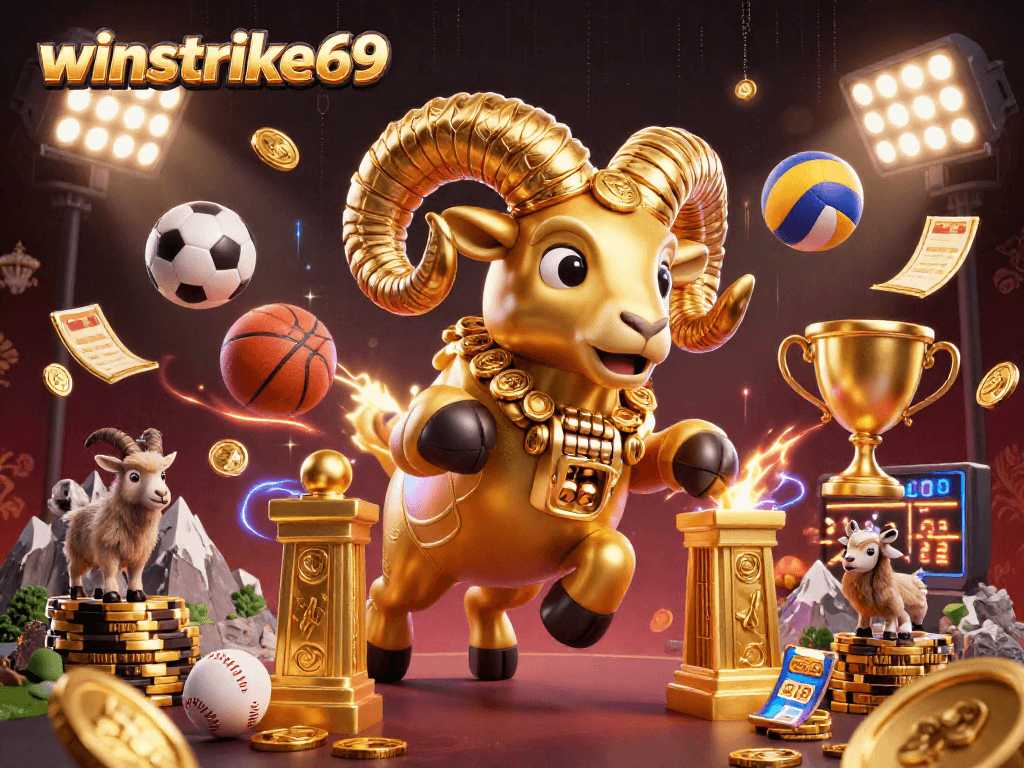 Experience the excitement of winstrike69 with a dynamic 3D casino illustration packed with action and detail.