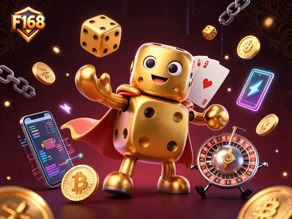 F168 showcases a dynamic 3D illustration of a golden dice golem juggling and interacting with vibrant crypto elements.