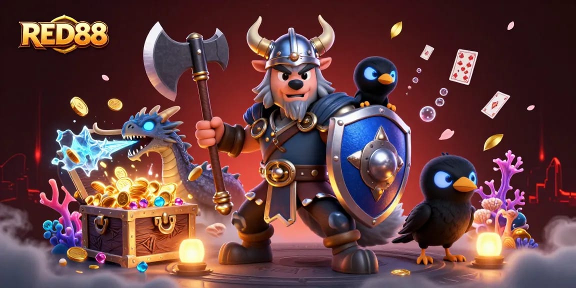 Engage with RED88's vibrant casino world, featuring a Viking wolf warrior, dragon, and treasure.