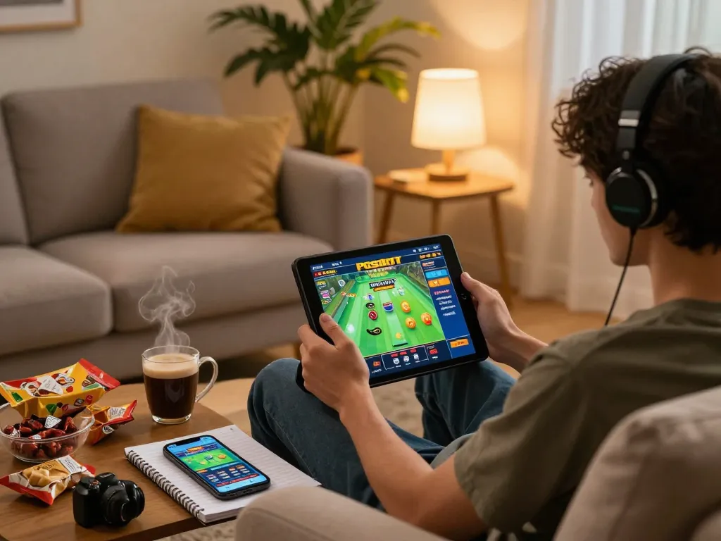 Person enjoying PGSLOT online gaming experience on tablet in cozy living room setting.
