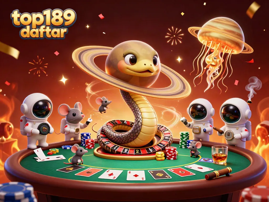 Engage with top189 daftar as astronaut mice bet on Saturn's roulette rings in a vibrant casino scene.