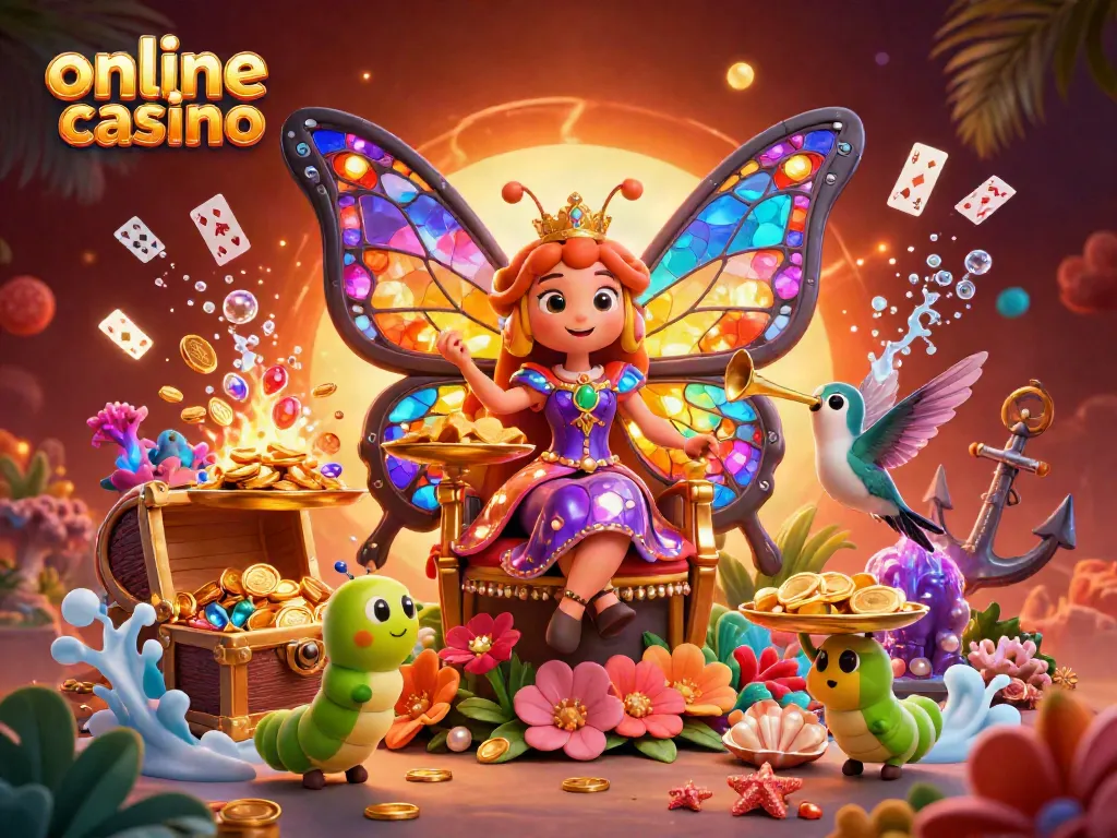 Explore an online casino with vibrant characters and games, showcasing a butterfly queen in a magical setting.