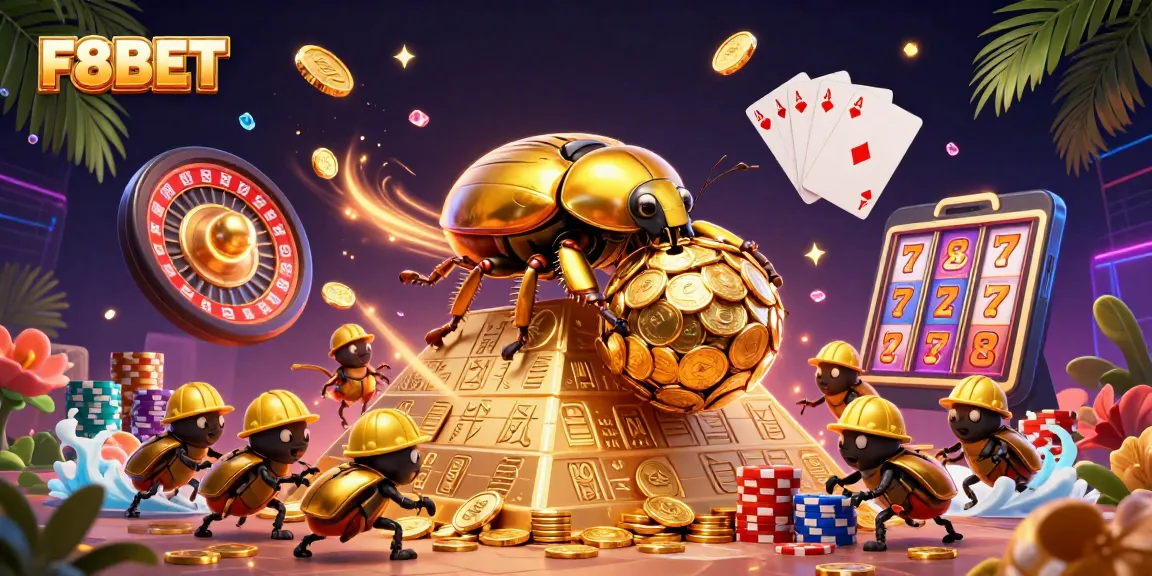 F8BET immerses players in thrilling casino adventures, showcasing golden coins, vibrant poker chips, and spinning roulette wheels.