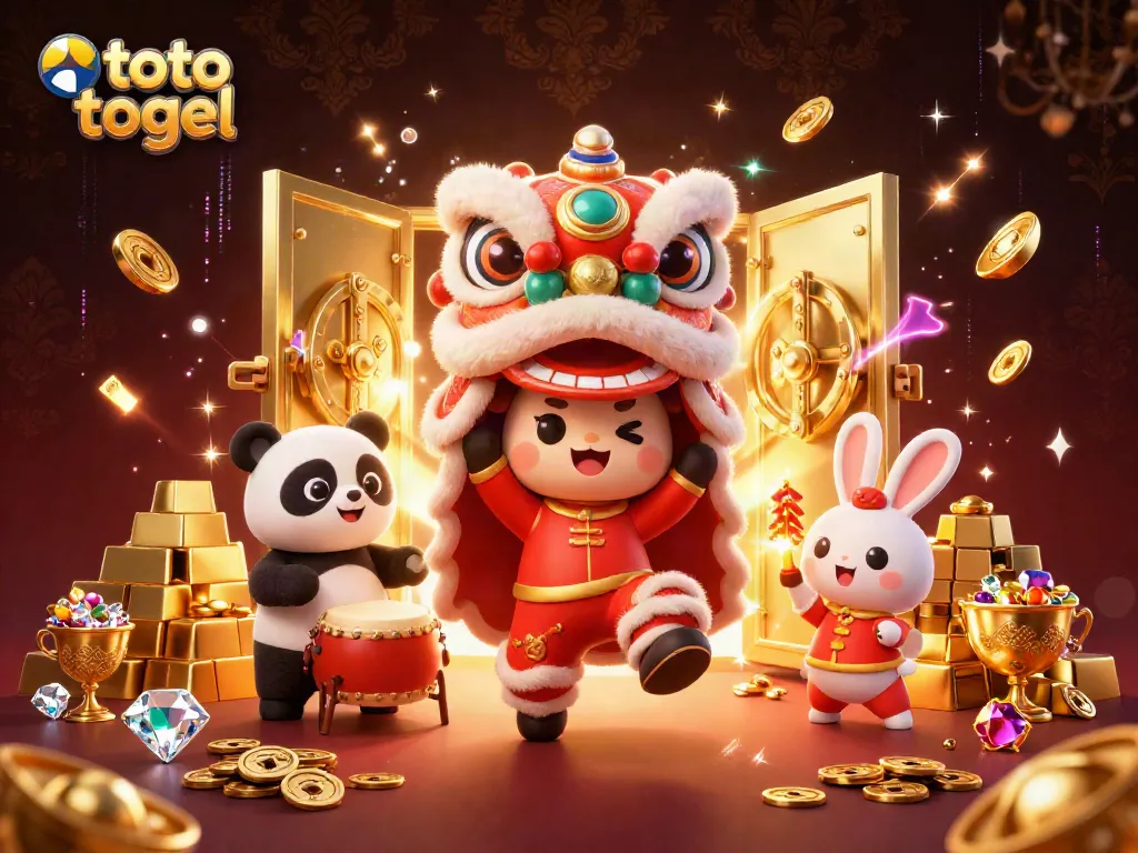 Experience exciting toto togel action with a vibrant lion dance scene including characters and treasures.
