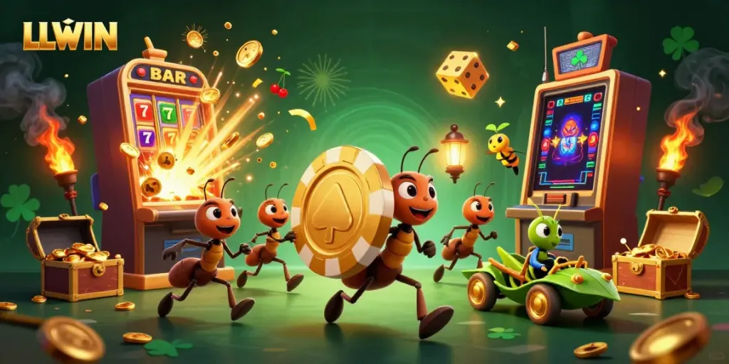 LLWIN features a whimsical heist scene with ants and casino elements studded with vibrant colors and light effects.