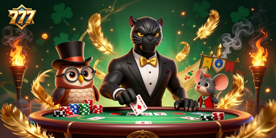 Experience the excitement of 777 casino gaming with a stylish panther dealer, owl, and mouse helping you win big!