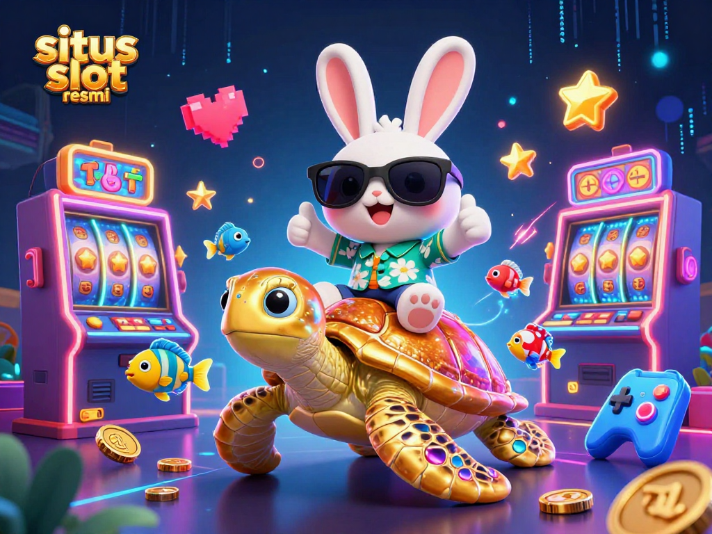 Spin to win with situs slot resmi, featuring a lucky rabbit and golden sea turtle in a lively casino scene.